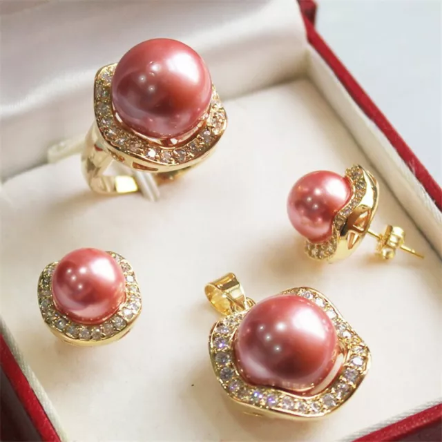 Women's Round Shell Pearl Jade Jewelry Set 18K Gold Plated Necklace Earring Ring