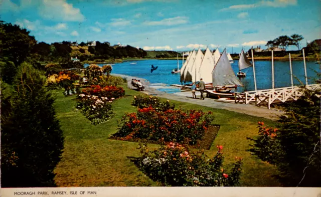Postcard Ramsey Mooragh Park Isle of Man Garden Sailboats Summer Holiday RPPC
