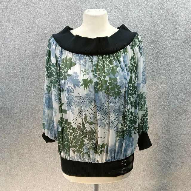 Jane Norman Floral Bardot Top Blue Green Chiffon Buckle Hem Long Sleeve Uk 10