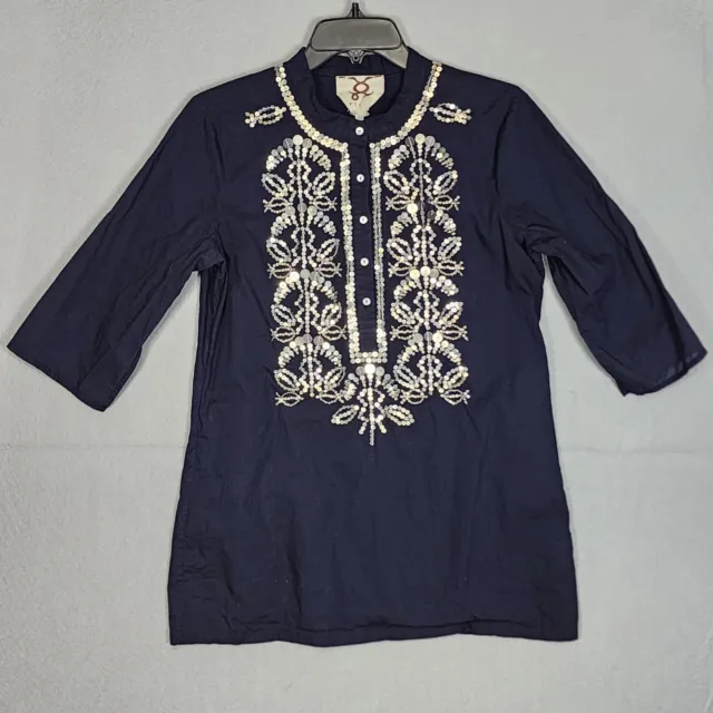 FIGUE Blouse Womens Size Small Navy Sequin Embellished Resort Wear Cotton Top