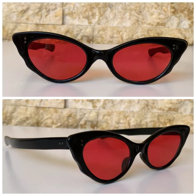 1950'S Vintage Cat Eye Panto Sunglasses France Made Black Red Mid Century Ladies