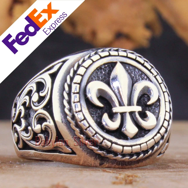 Fleur De Lis Design 925 Sterling Silver Turkish Handmade Men's Ring All Sizes
