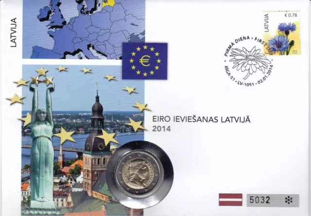 Lettland 2014 Numisbrief 2 Euro prägefrisch Euroeinführung