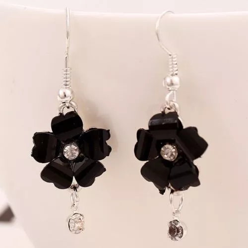 Pretty White Gold Filled Black Shell & Crystal Flower Hook Dangle Drop Earrings