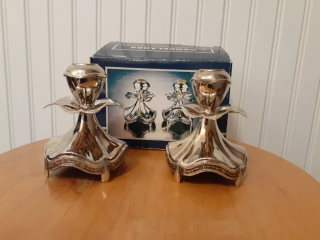 Metal Silver Tone Set of 2 Candelabra Candle Holders 3.7" tall with original Box