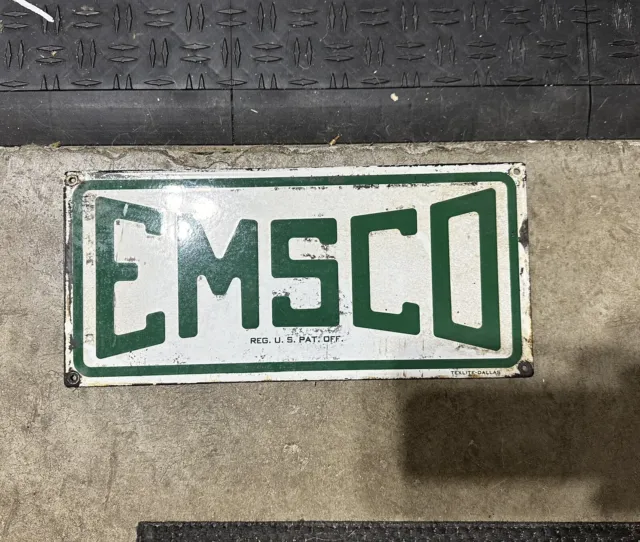 Clean Porcelain  Green & White EMSCO  6” X 13” Pumpjack Sign.