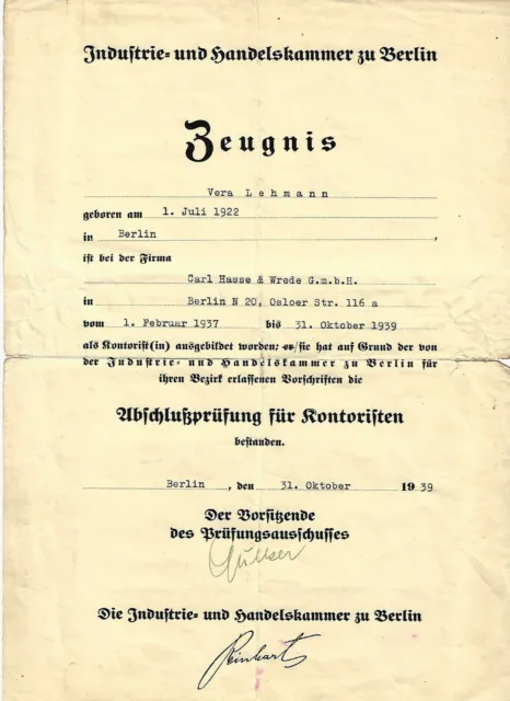 1939 Berlin Zeugnis Abschlussprüfung für Kontoristen