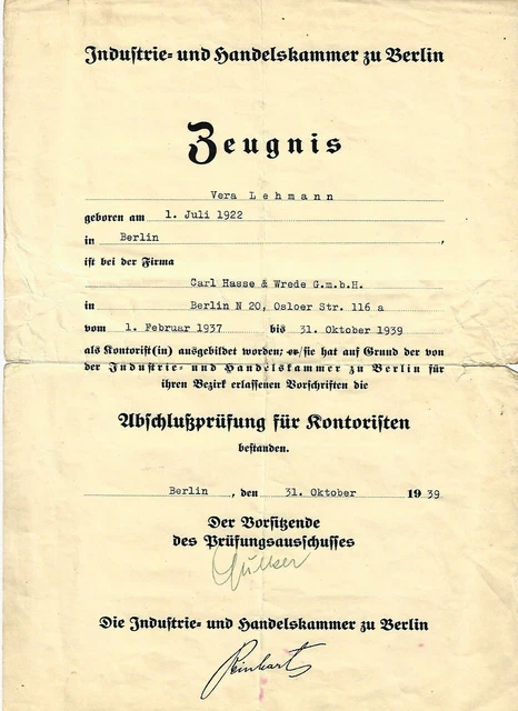 1939 Berlin Zeugnis Abschlussprüfung für Kontoristen