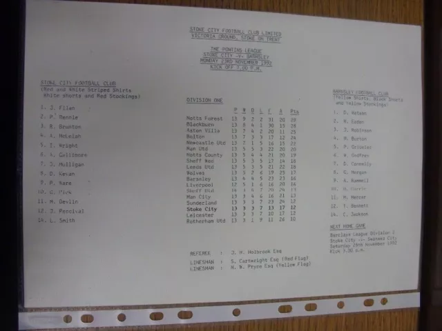 23/11/1992 Stoke City Reserves v Barnsley Reserves (Single Sheet). Thanks for ve