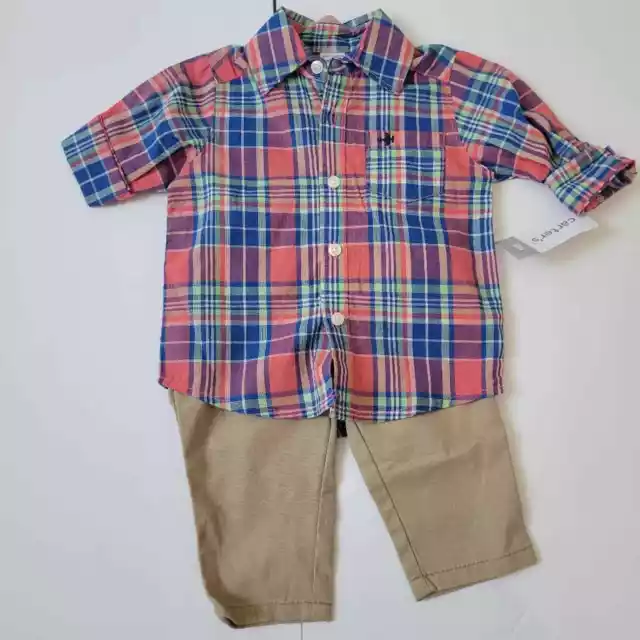 Carters Baby Boy 2-Piece Plaid Button Down Shirt and Pants Set Size 6 Months NWT