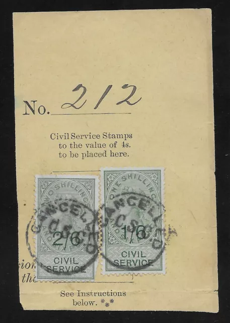 L4379 UK GB G QV CIVIL SERVICE revenue stamp duty 1/- 2/-  on piece