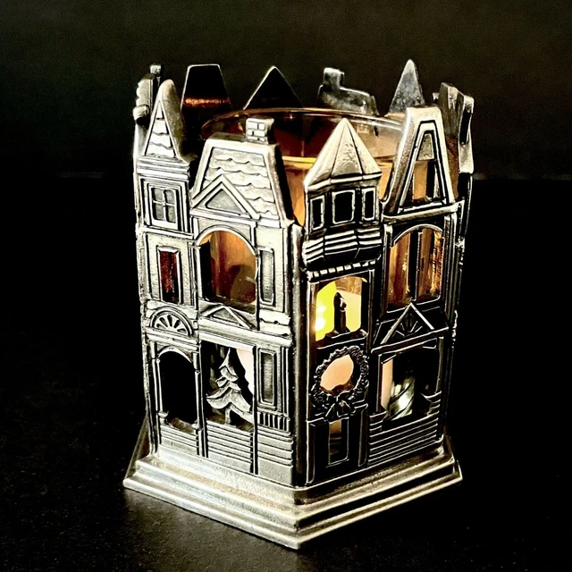 Christmas Tealight Candle Holder Victorian Canal Row Houses Nickel Plate Metal