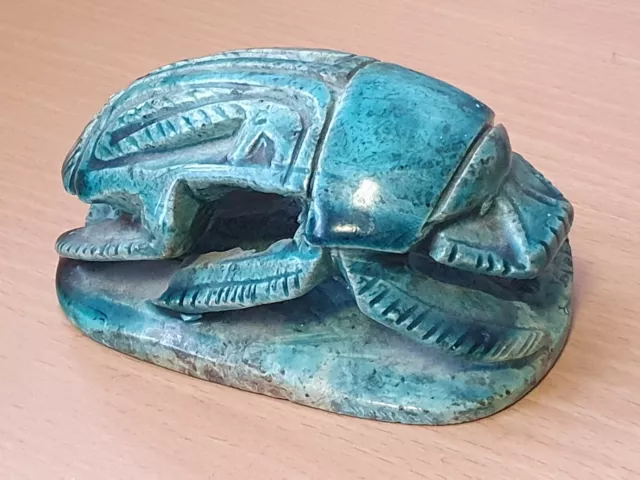 Fab Vintage Large Scarab Beetle Turquoise Egyptian Hand CarvedStone Hieroglyphs