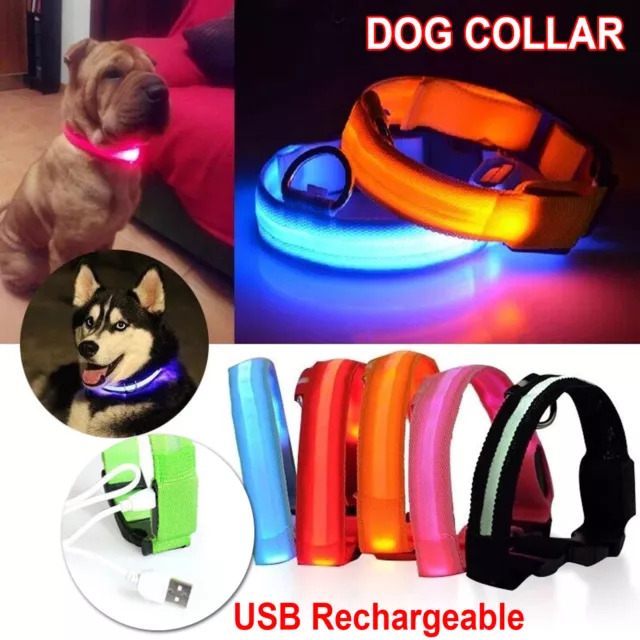 USB Rechargeable LED Dog Collar Nylon Glow Flashing Light Up Safety Pet Collars