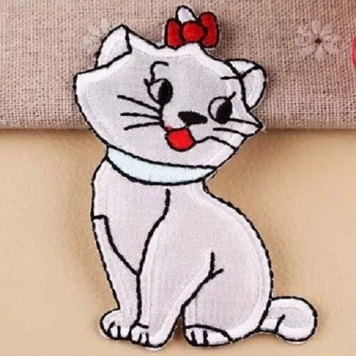 ÉCUSSON PATCH - CHAT BLANC MARIE, Noeud Rouge, 5 X 8 cm, Applique thermocollant