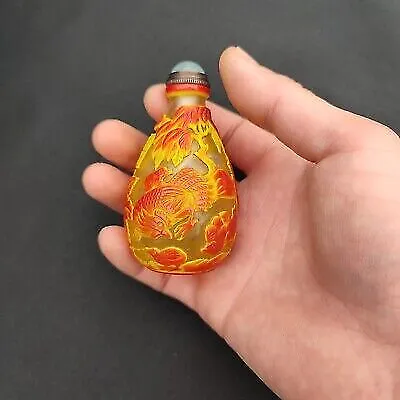 Old Beijing chinese colored glaze snuff bottle glass box gift rooster statue art