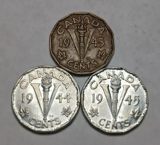 3x Canada 5 Cent "Victory Nickels" - 1943, 1944 and 1945 - Canadian Coins - KGVI