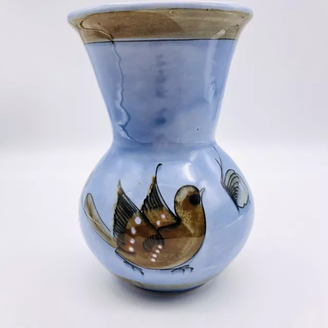 Vintage Vase Mexican Stoneware Pottery Tonala Blue Hand Painted Signed Bird