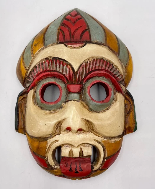 Thai Warrior Wooden Mask Painted COLORFUL Asian Solid Carved 11" Vintage