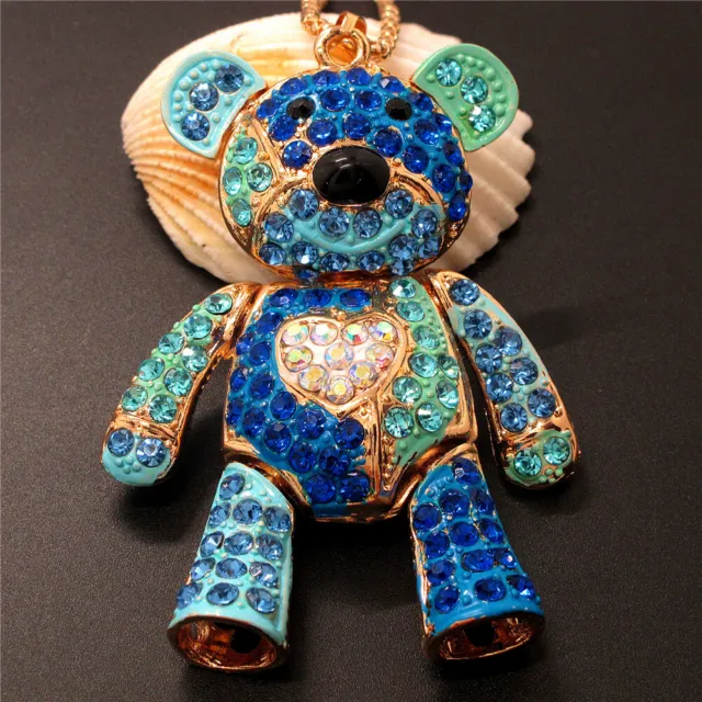 New Lovely Enamel Blue Crystal Heart Bear Holiday gifts Pendant Necklace