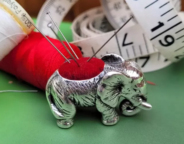 Silver Elephant Pin Cushion Red Velvet Pad 925 Stetling Sewing Collectable