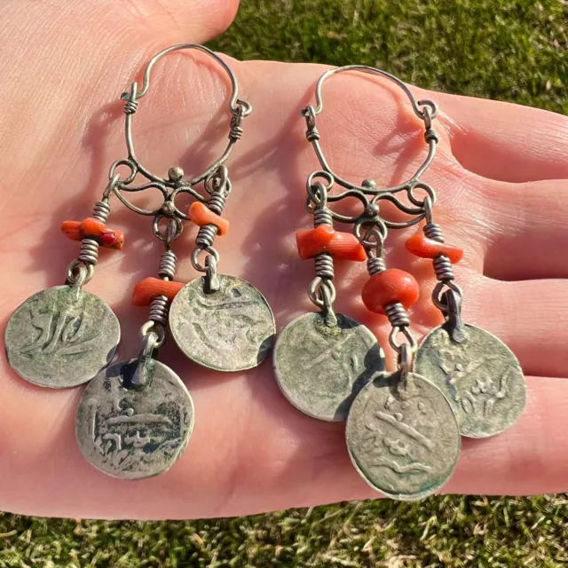 Antique Ethnic Bedouin Yemen Silver Brass Coins & Coral Handmade Earrings 10 gr