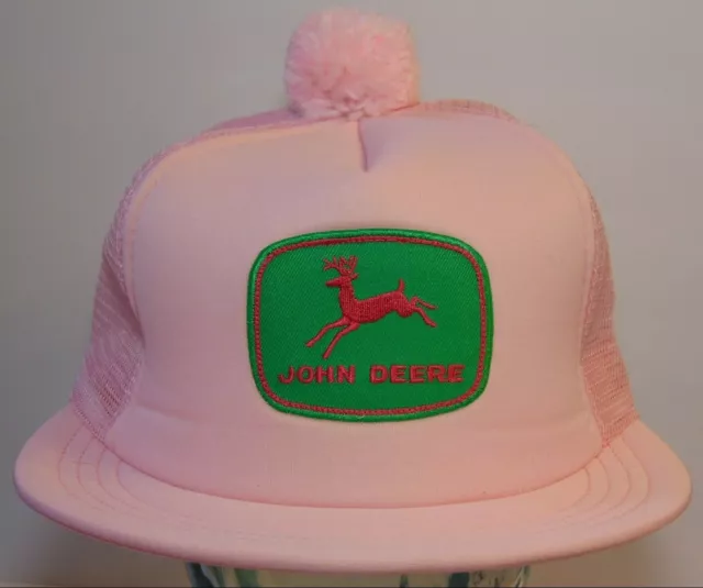 Vintage 1980s PINK GREEN JOHN DEERE FARM PATCH MESH POM SNAPBACK TRUCKER HAT CAP