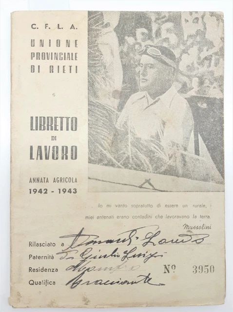 Rieti Libretto di lavoro Unione provinciale di Rieti annata agricola 1942-1943