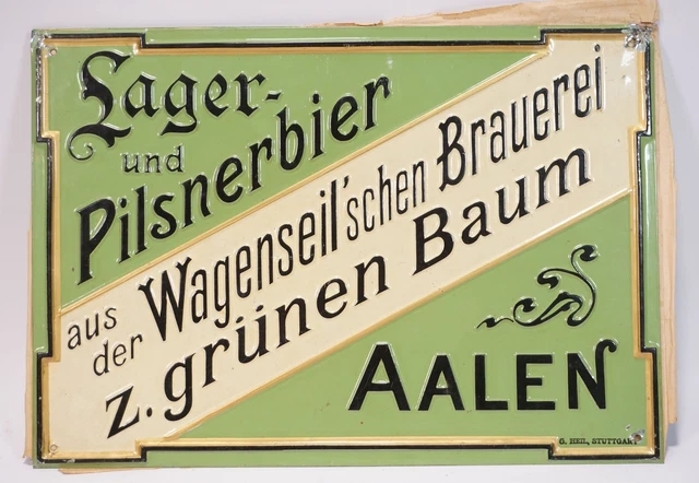 Top Rarität Wagenseil'sche Brauerei zum grünen Baum Aalen Blechschild G. Heil
