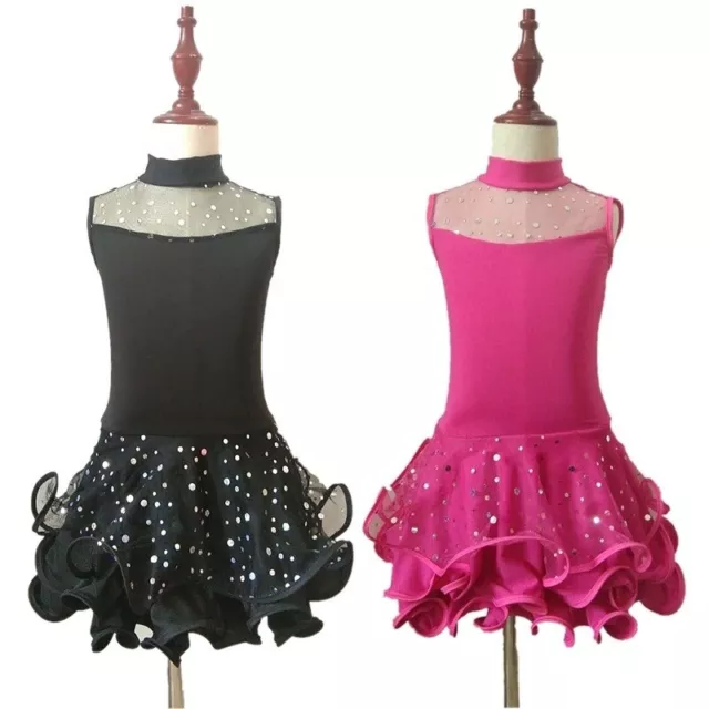 Kids Girl Latin Dance Dress Salsa Dancewear Mesh Sequins Ballroom Ruffle