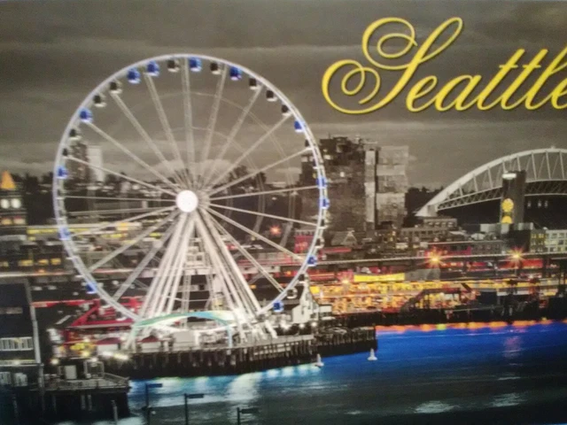 Photo Post Card Aerial View Over Great Wheel Waterfront Seattle Washington..