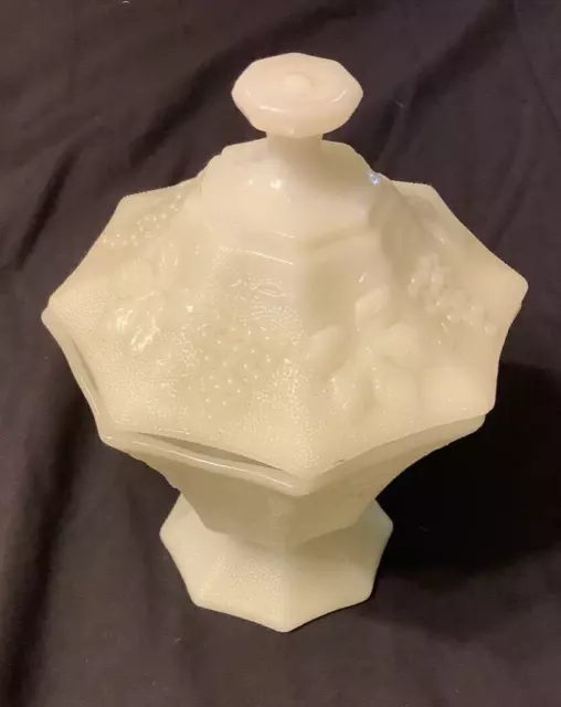 Vintage Anchor Hocking Milk Glass Grape and Leaves Pedestal Candy Dish Vintage