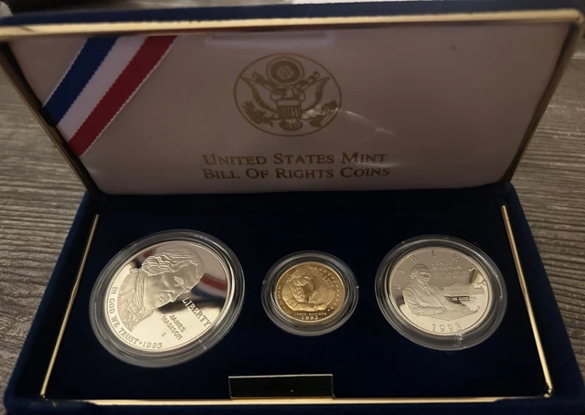 1993 Bill of Rights 3 Coin Proof Set, w/ Gold & Silver, by US Mint In Box, COA 