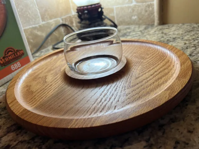 Vintage Vermillion Solid American Oak Chip & Dip Set Round w/Clear Glass Bowl