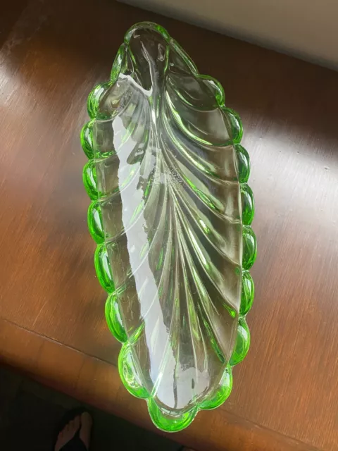 Lovely Large Green Depression Glass Leaf Sandwich Tray