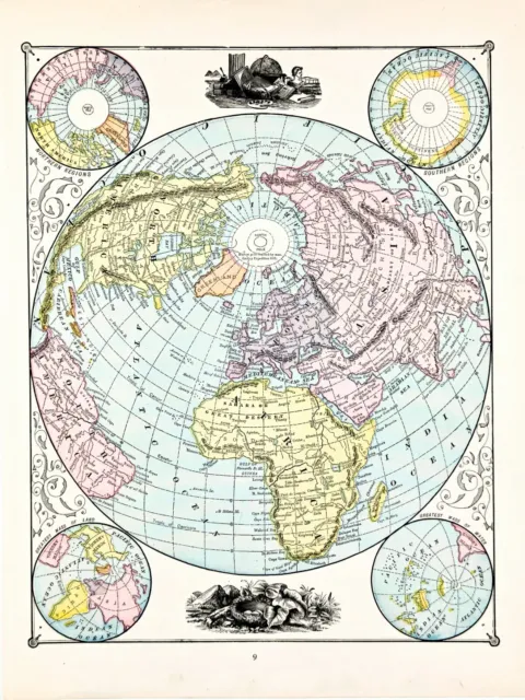 1896 World Map ORIGINAL Eastern Hemisphere Polar Views Africa North America