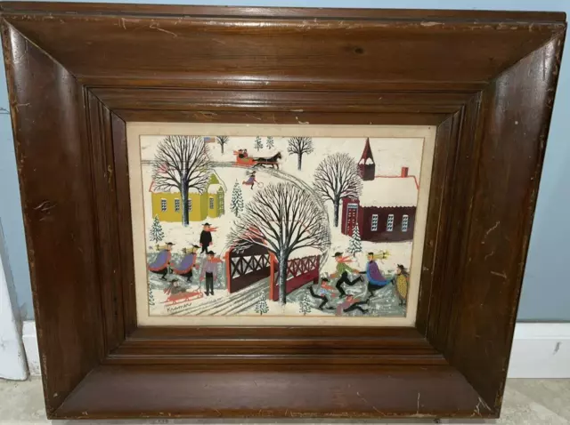 Albert Kramer Listed Fantastic Folk Art Painting Skating Party Christmas Scene!! 3