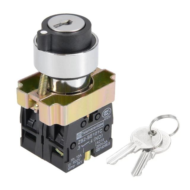 Interrupteur à Clé 3 Positions Rotatif 22 Mm - 2NO + 1NC - Verrouillable Pour Démarreurs, Contacteurs Et Automatismes