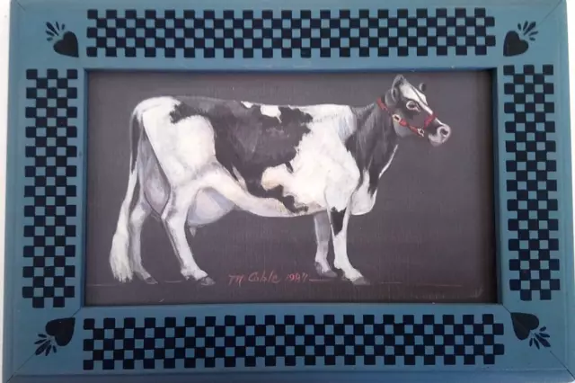 Blue Wooden Painted Black Checkerboard  Country Folk Art Cow By  M. Coble 1987