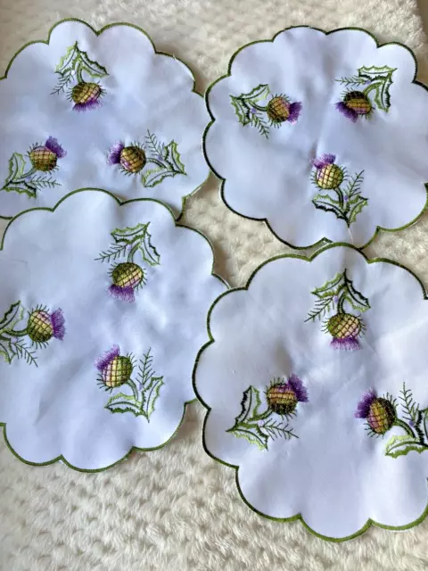 Four Vintage White Polyester Round Table Mats/Doilies ~Thistle Embroidery~8 "