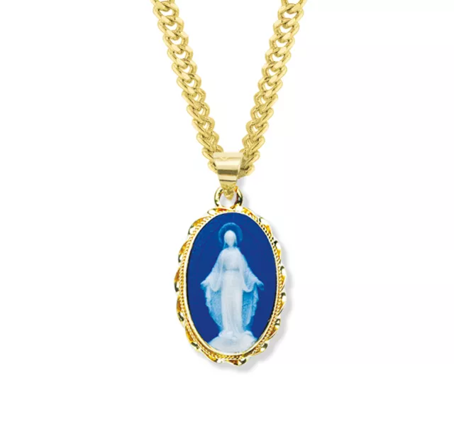 Dark Blue Gold Over Sterling Silver Cameo Miraculous Medal Pendant Necklace