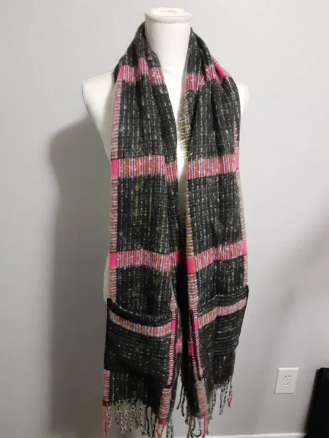 BP Nordstrom Womens Scarf Cozy Blanket Pocket Plaid Fringe Black Pink once size