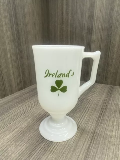 Green Irish White Milk Glass Pedestal Cup Coffee Mug Single 7  Fluid Ounces