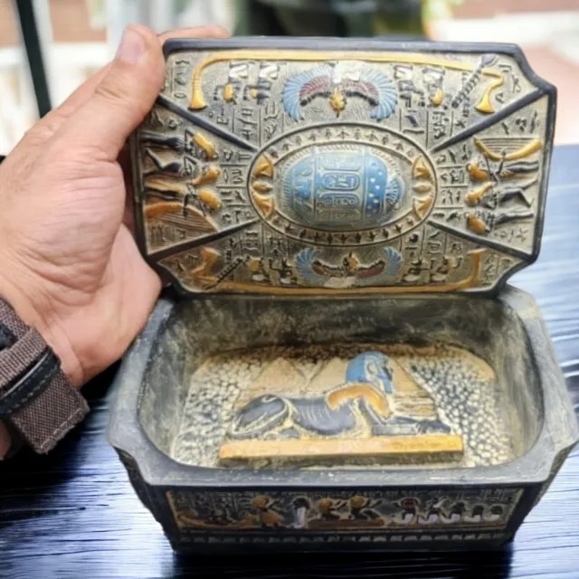 RARE ANCIENT EGYPTIAN ANTIQUES Scarab Jewelry Box With SPHINX, PYRAMIDS and ISIS