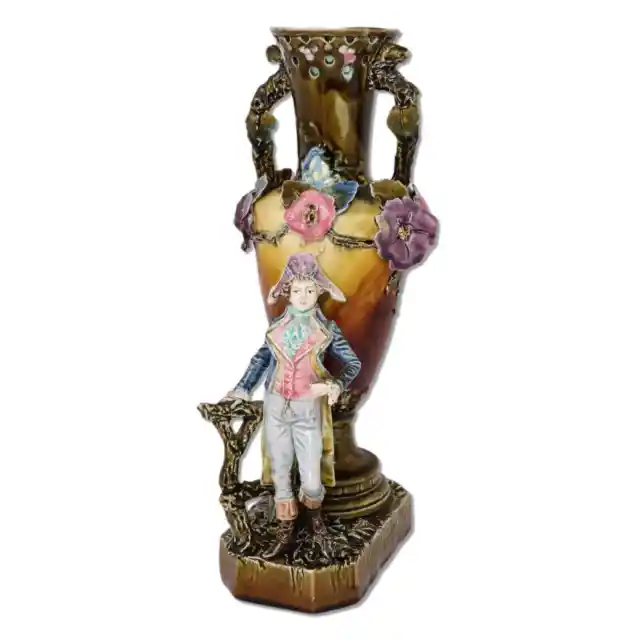 French Majolica Figural Floral Amphora Glazed Porcelain Vase 13" 3719