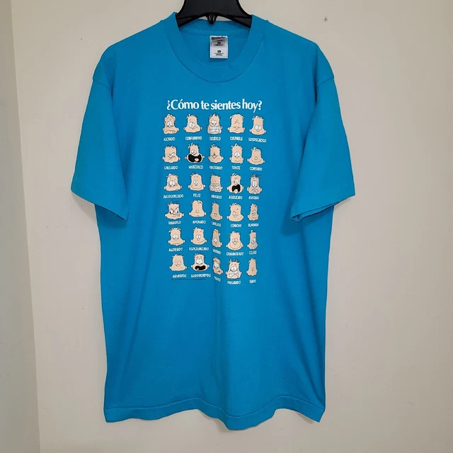 vintage "¿Cómo te sientes hoy?" Graphic Crew Neck Cotton T-Shirt, sz XL, Blue