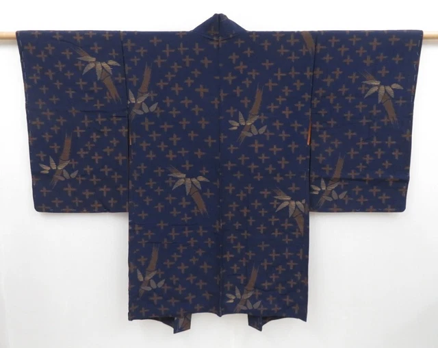 3012T10z650 Vintage Japanese Kimono Silk HAORI Bamboo Dark navy