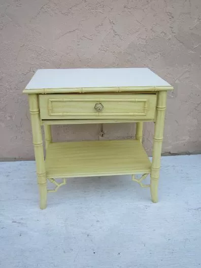 Hollywood Regency Style Allegro One Drawer Yellow Wood Nightstand Faux Bamboo