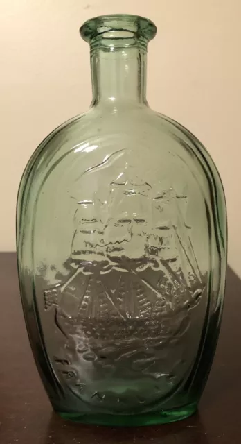 Vintage Wheaton Glass Franklin Ship T.W.D. Eagle Bottle Flask Aqua