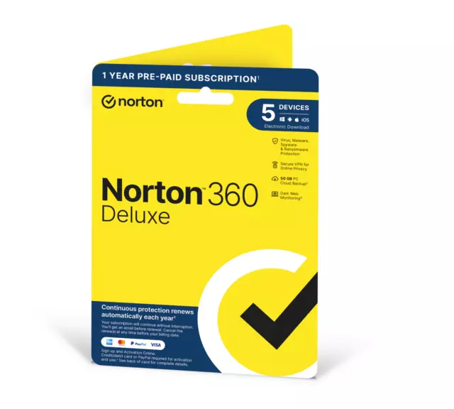 Norton 360 Deluxe 5 Device 1 Year 2024 + Secure VPN - 50GB - Delivery by Post